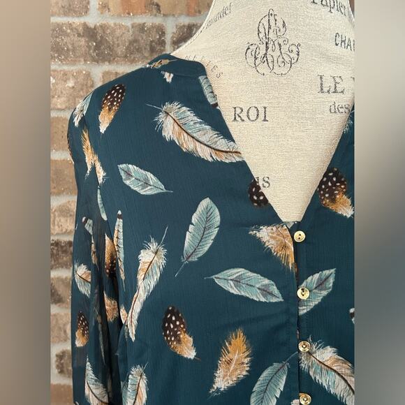 Loft green teal feather print button up dress long sleeve v neck size XS - Picture 6 of 10